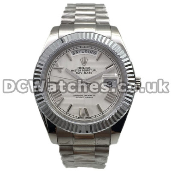 Fluted Steel Bezels Rolex Day-Date II Copy Watches UK With White Dials Sale