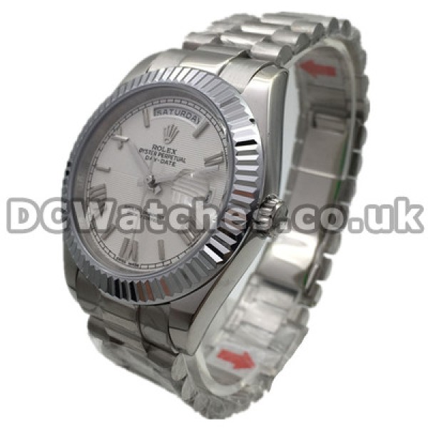 Fluted Steel Bezels Rolex Day-Date II Copy Watches UK With White Dials Sale