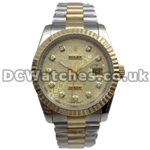 36MM Golden Dials Swiss Rolex Datejust Copy Watches With Diamond Hour Markers