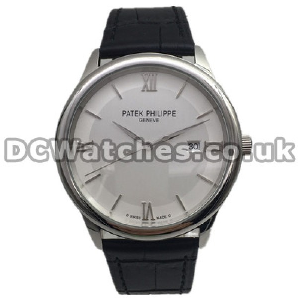 Concise Swiss White Dials Patek Philippe Calatrava Copy Watches With Black Crocodile Straps