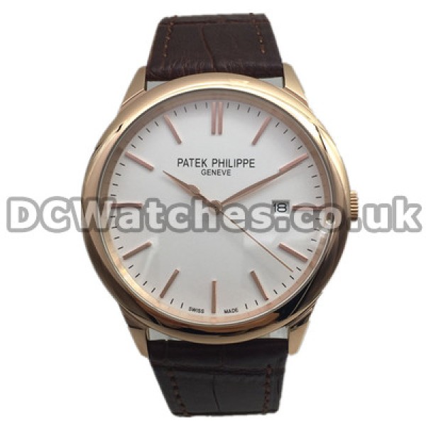 43MM Stripe Rose Gold Indexes Patek Philippe Calatrava Fake Watches With Brown Crocodile Straps