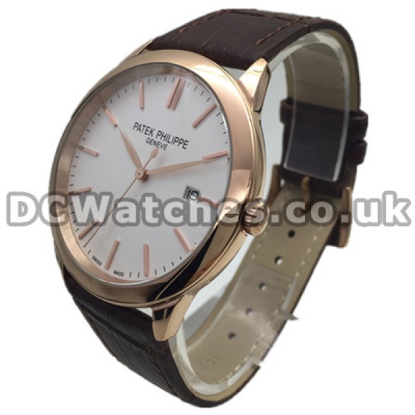 43MM Stripe Rose Gold Indexes Patek Philippe Calatrava Fake Watches With Brown Crocodile Straps