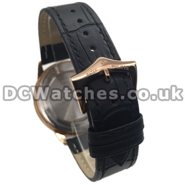 Black Dials Patek Philippe Calatrava Fake Watches For Men With Rose Gold Steel Cases