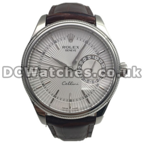 Steel Cases UK Rolex Cellini Fake Watches With White Dials And Brown Straps