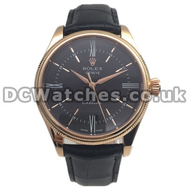 Popular Male Automatic Rolex Cellini Copy Watches With Black Dials And Rose Gold Steel Cases