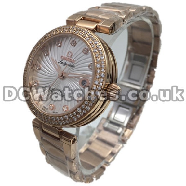 Unique White Dials 28MM Omega De Ville Ladymatic Replica Watches With Rose Gold Steel Bracelets