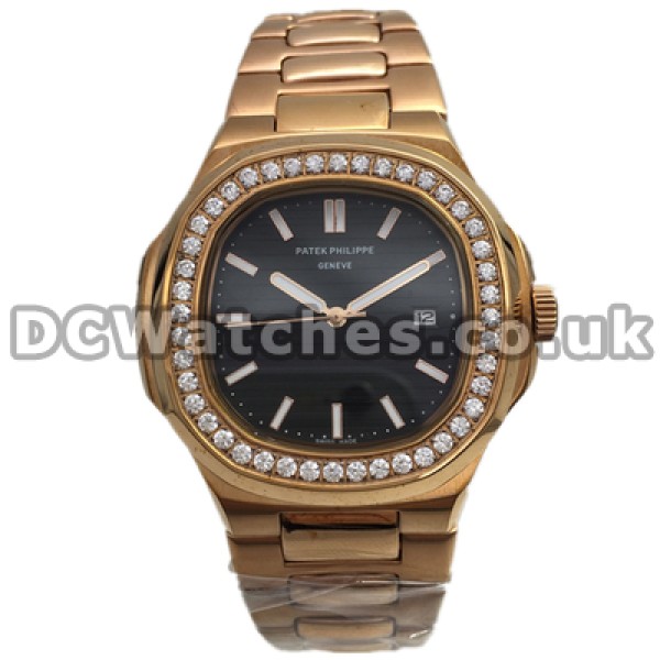 Valuable Black Dials Swiss Male Patek Philippe Nautilus Copy Watches With Rose Gold Steel Bracelets