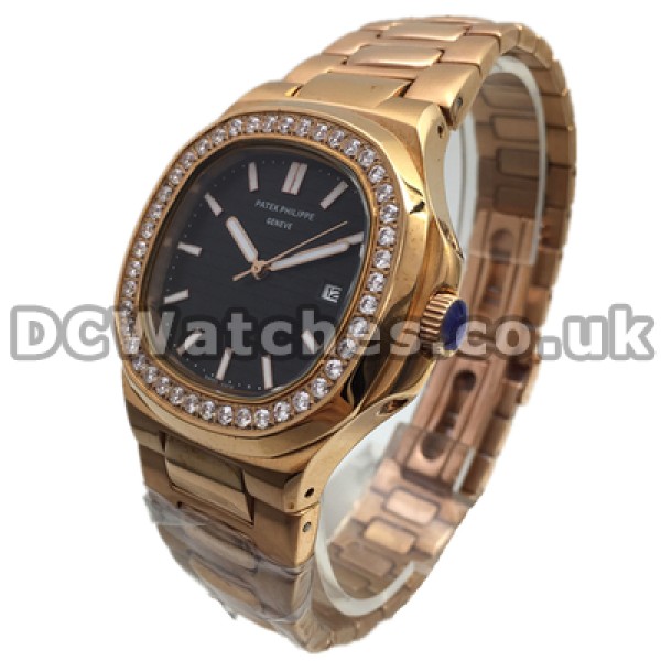 Valuable Black Dials Swiss Male Patek Philippe Nautilus Copy Watches With Rose Gold Steel Bracelets