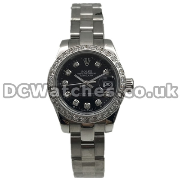 Hot-selling Black Dials And Diamond Indexes 26MM Rolex Datejust Replica Watches For Ladies