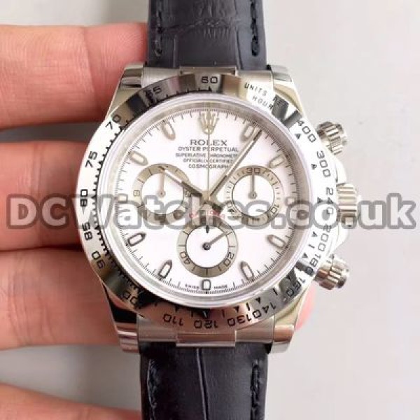 Clear White Dials And Indexes Rolex Daytona 7750 Replica Watches With White Gold Cases