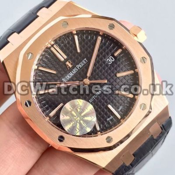 Elegant Black Dials Audemars Piguet Royal Oak Copy Watches With Black Crocodile Straps Online