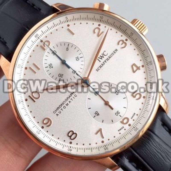 Unique Rose Gold Steel Cases Male IWC Portuguese Chronograph 7750 Copy Watches With Black Crocodile Straps
