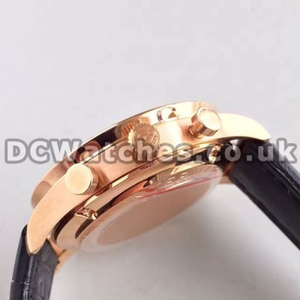 Unique Rose Gold Steel Cases Male IWC Portuguese Chronograph 7750 Copy Watches With Black Crocodile Straps