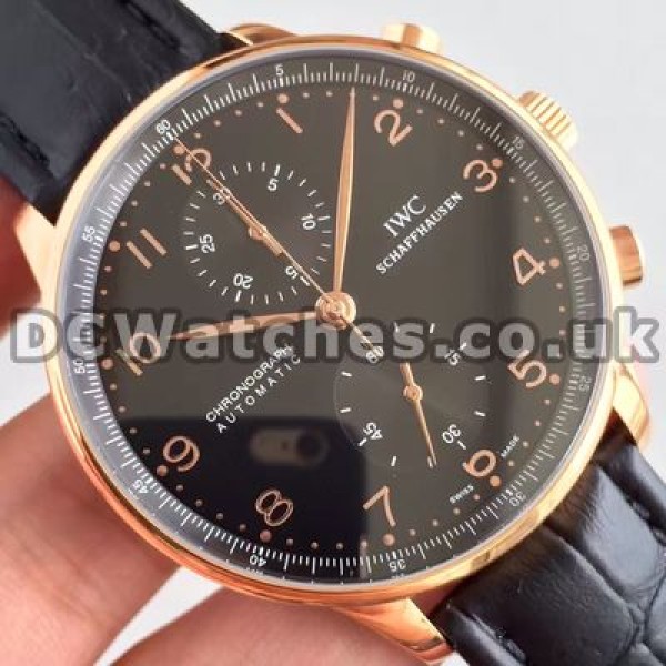 Perfect Black Crocodile Straps And Black Dials IWC Portuguese Chronograph 7750 Replica Watches For Mature Men