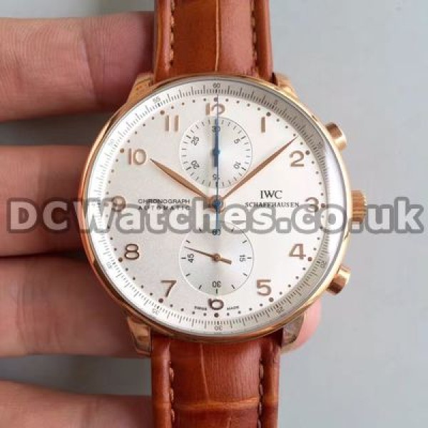 Fashionable Brown Crocodile Straps 40MM IWC Portuguese Chronograph 7750 Fake Watches With White Dials