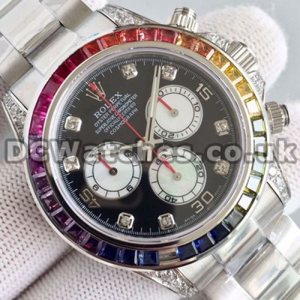 Sturdy Steel Cases 40MM Male Rolex Daytona Copy Watches With Black Dials And Diamond Indexes
