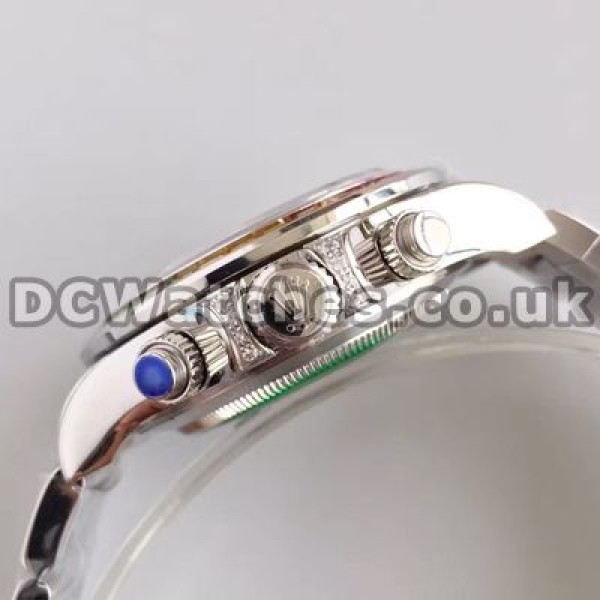 Sturdy Steel Cases 40MM Male Rolex Daytona Copy Watches With Black Dials And Diamond Indexes