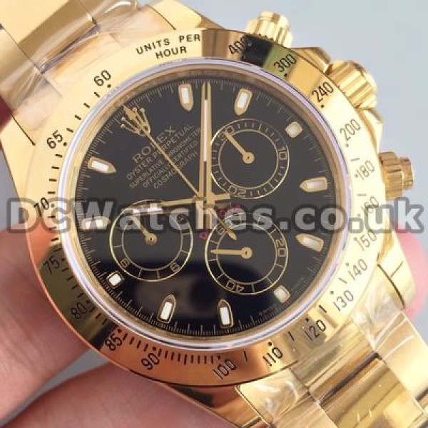 High-end Gold Steel Cases And Bracelets Rolex Daytona Copy Watches Sale With Black Dials For Men