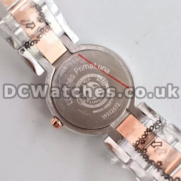 Distinctive Rose Gold & Steel Cases Set Auger Longines Primaluna Fake Watches For Women With White Dials