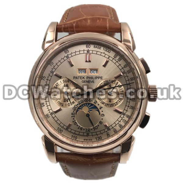 Functional Male 45MM Rose Gold Steel Cases Patek Philippe Complicated Fake Watches With Brown Crocodile Straps