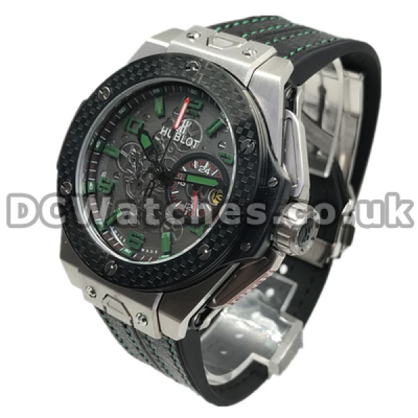 Fashionable Black Bezels And Black Cowhide Straps 44MM Hublot Replica Watches For Men