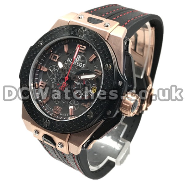 Mysterious Male Quartz Movements Fake Hublot 44MM Watches With Rose Gold Steel Cases