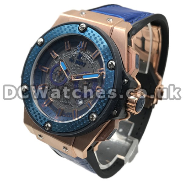 Unique Swiss Rose Gold Steel Cases And Blue Bezels Copy Hublot 46MM Watches For Men