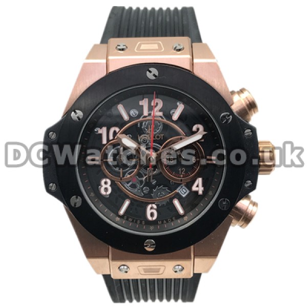 Male Fashionable Black Bezels 44MM Fake Hublot Watches With Rose Gold Steel Cases Online