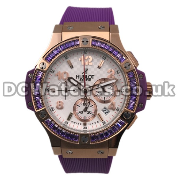 Eye-catching Quartz Movements Female Hublot Big Bang Copy Watches With Bezels Set Purple Auger