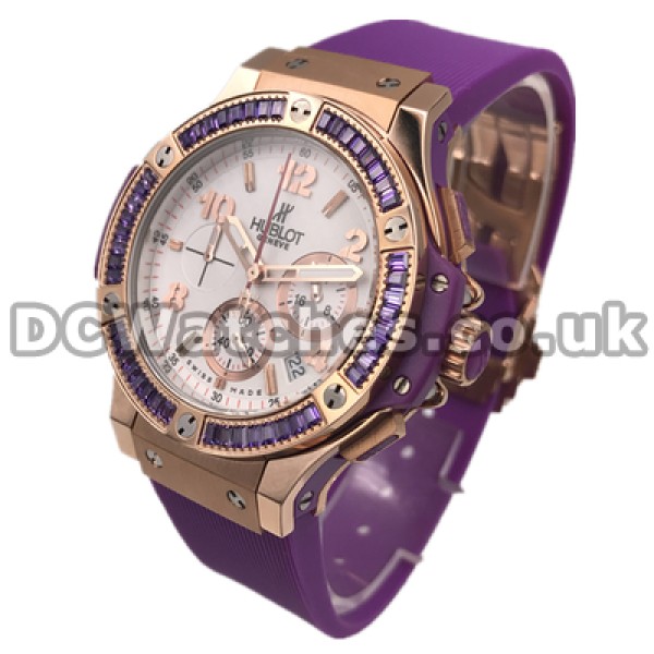 Eye-catching Quartz Movements Female Hublot Big Bang Copy Watches With Bezels Set Purple Auger