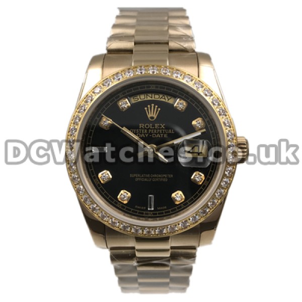 Shiny Male Black Dials 36MM Replica Rolex Day-Date Watches With Gold Steel Cases Set Auger