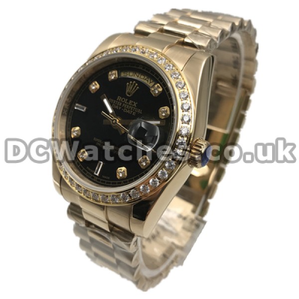 Shiny Male Black Dials 36MM Replica Rolex Day-Date Watches With Gold Steel Cases Set Auger