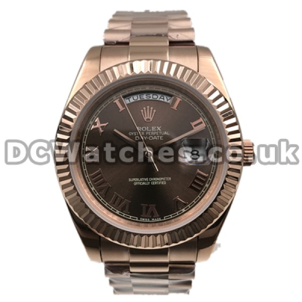Charming Chocolate Dials Swiss Rolex Day-Date II Fake Watches For Men With Rose Gold Cases